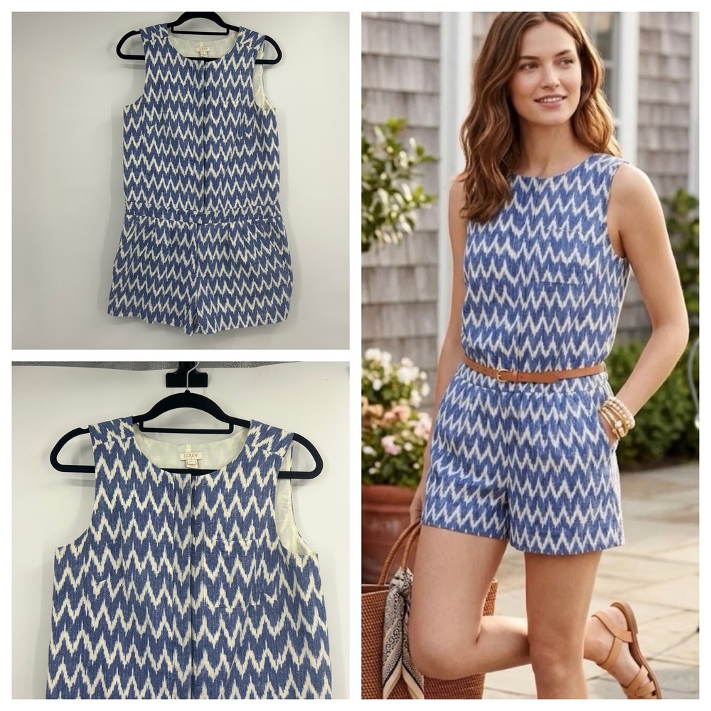 J.Crew Blue White Ikat Chevron Sleeveless Romper Size 4 Cotton Linen Blend